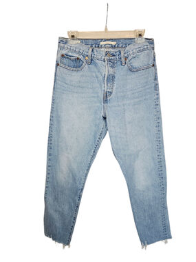 Levi's Wedgie Straight High Rise Jeans Size 29 Light Wash Raw Hem Button Fly EUC